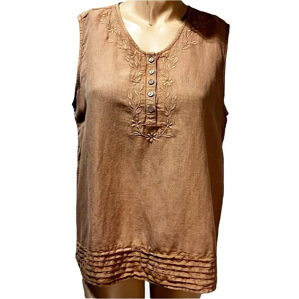 April Cornell Linen Blend Blouse Nantucket Embroidered Tan Brown Size L NWT - Picture 2 of 10